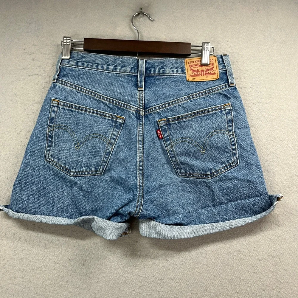 Levis 501 Denim Shorts Womens W28 Blue Jorts Distressed Button Fly Cuffed Y2K